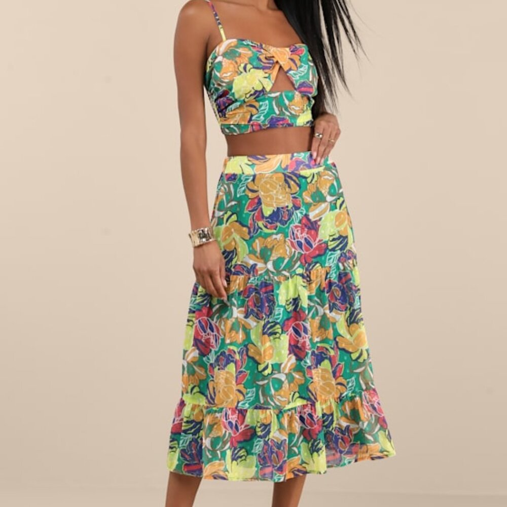 Lulus Floating Through Flowers Teal Floral Two-piece Midi Dress Green - Size M